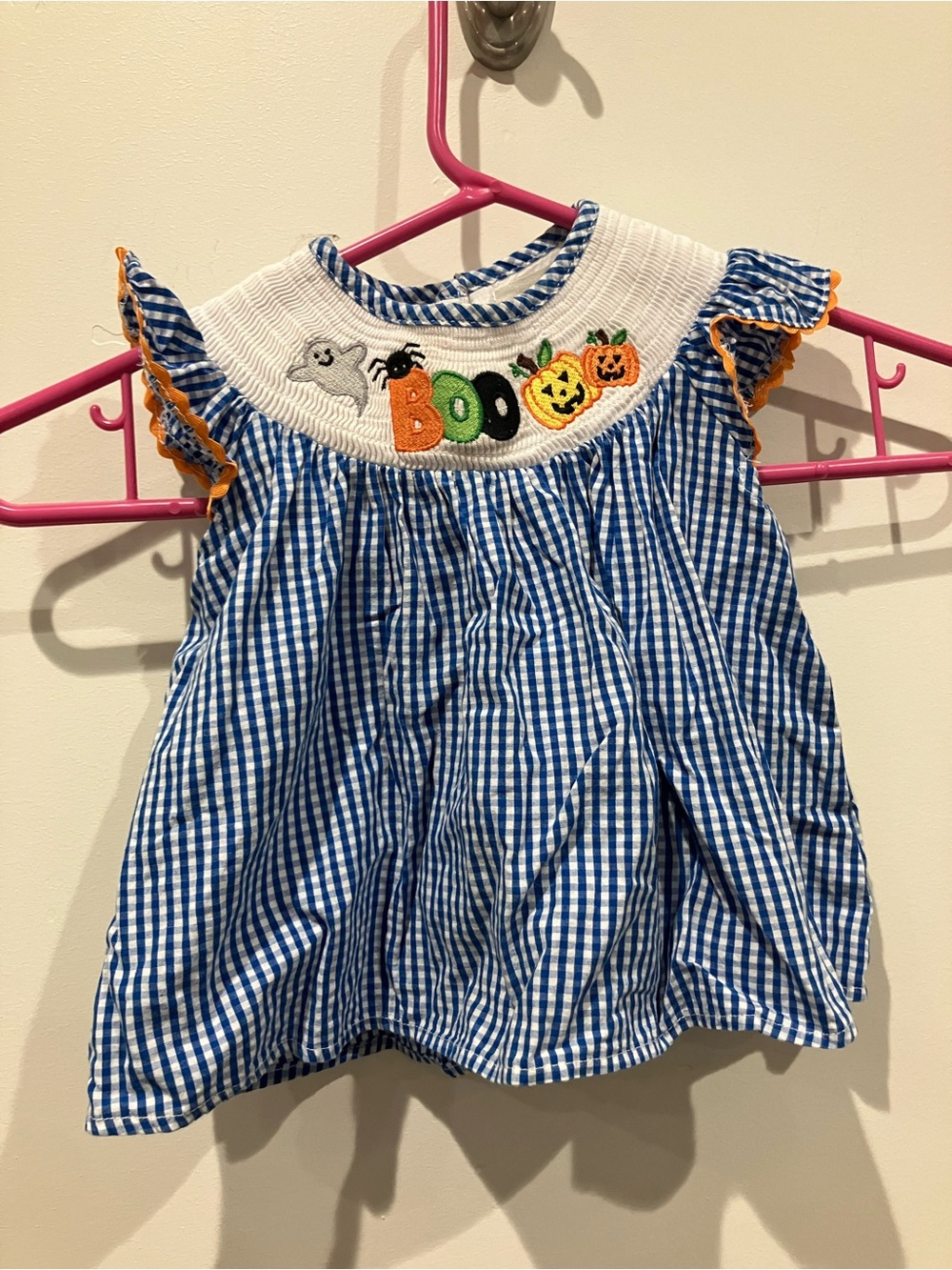 Lil Cactus Girls Halloween Dress with Blue Gingham and Orange Trim Ghost Pumpkin